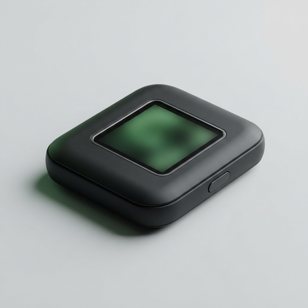 Compact black rounded-square electronic device with a green blurred screen and a side button on a gray surface.