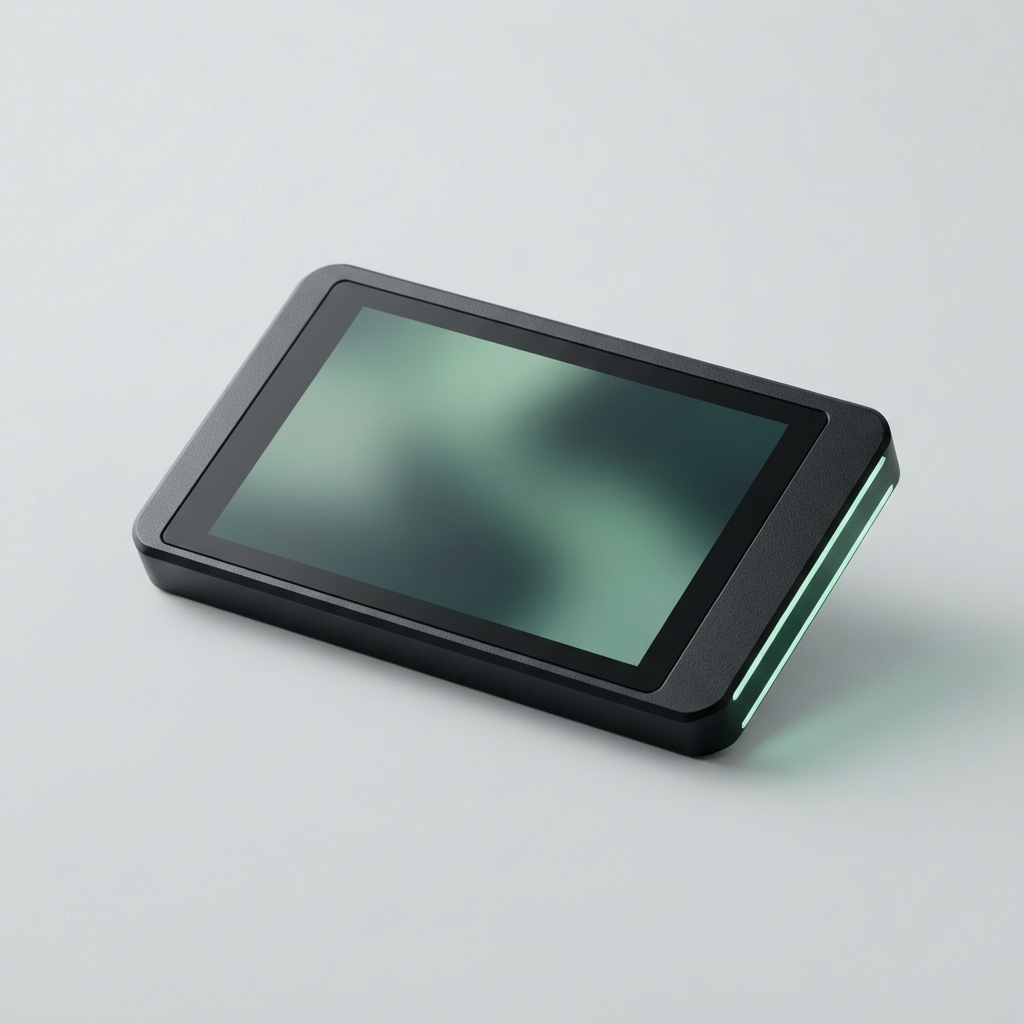 Black rectangular touchscreen device with a blurred green display and glowing mint-green side strips on a gray surface.