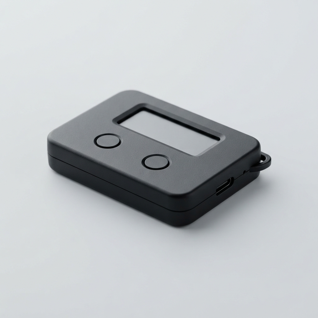 Compact black electronic device with a blank display, two round buttons, side port, and lanyard loop.