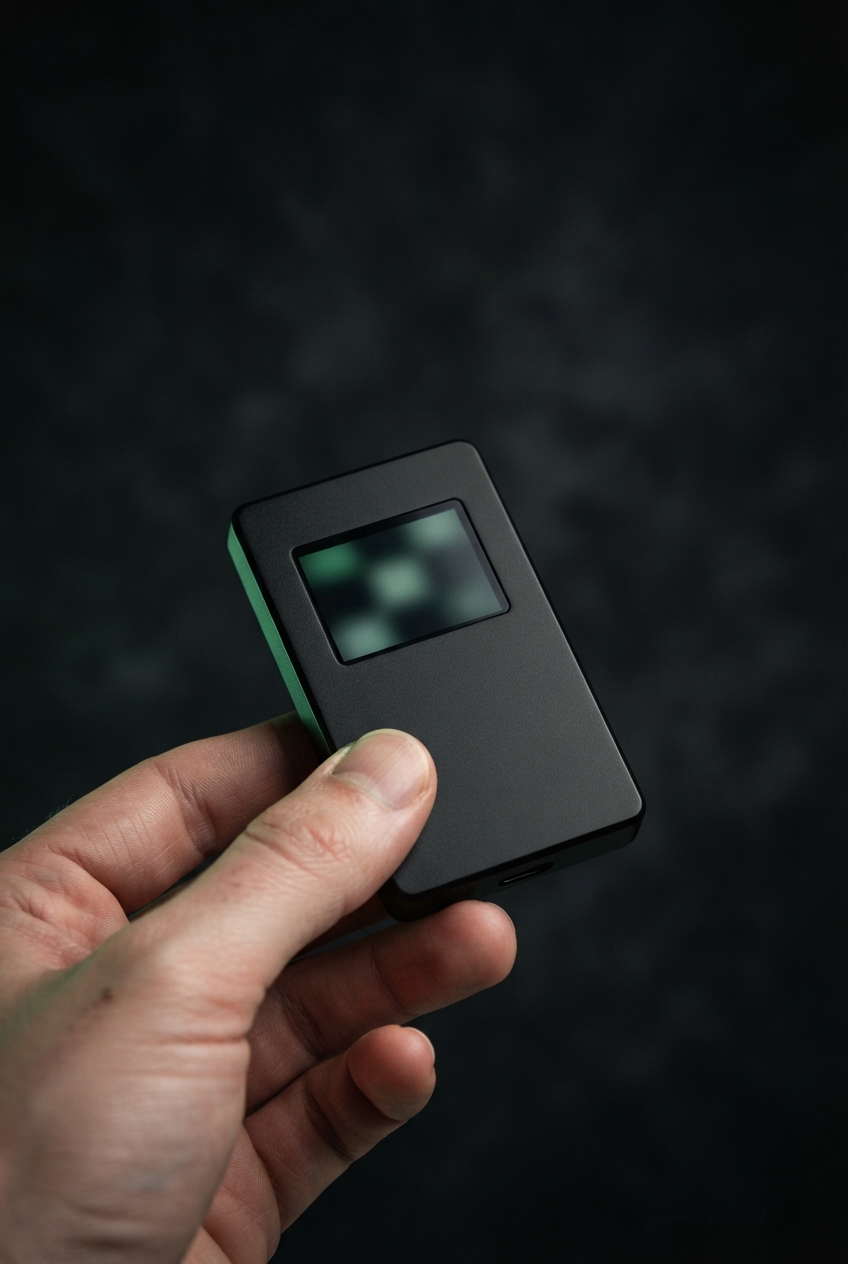 Hand holding a black rectangular device with a blurred greenish screen against a dark background.